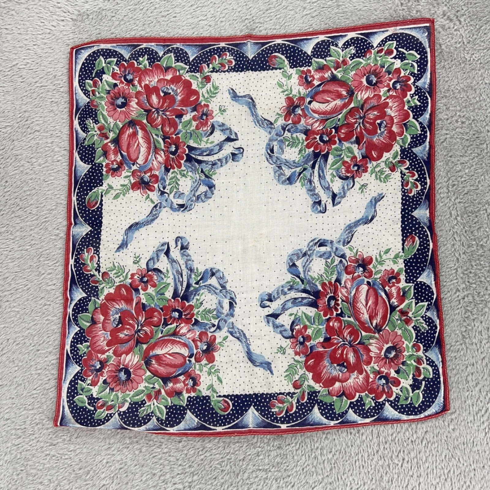 Floral Handkerchief Red Blue Flower Ribbon Vintage Pocket Square Accessory 12x12